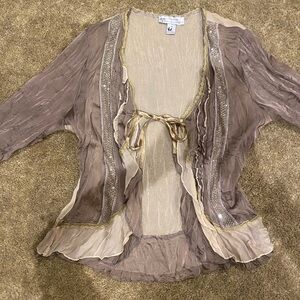 Sheer Silk Brown and Cream Cardigan with Sequins y2k Vintage Fairycore